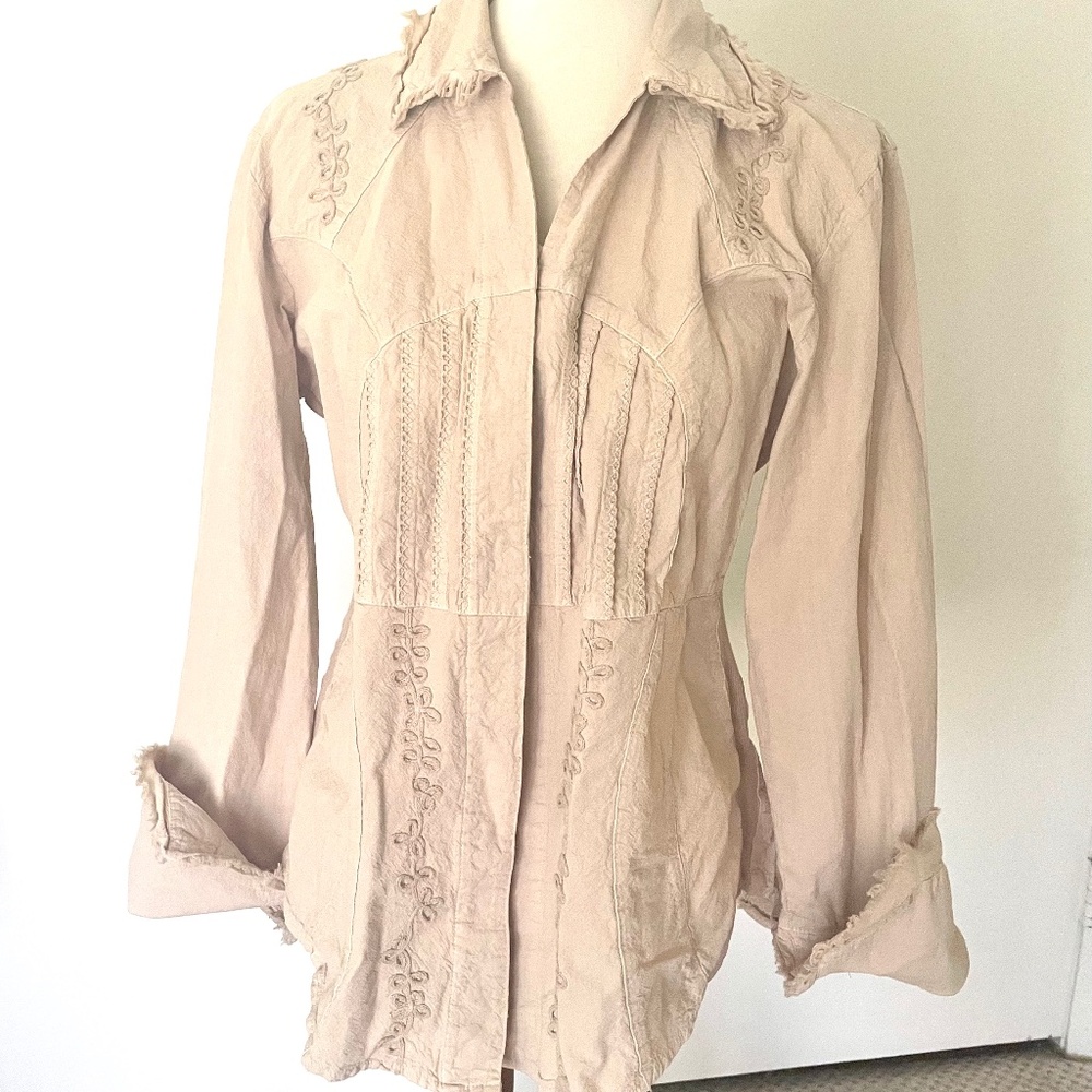 Scully Western Ivory Collared Blouse with Embroidery and Long Sleeves